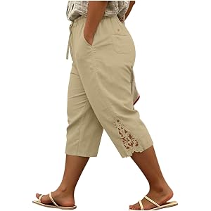 Women's Plus Size Capri Pants Casual Cotton Linen 3/4 Trousers Lightweight Drawstring Elastic Waist Capris with Pockets