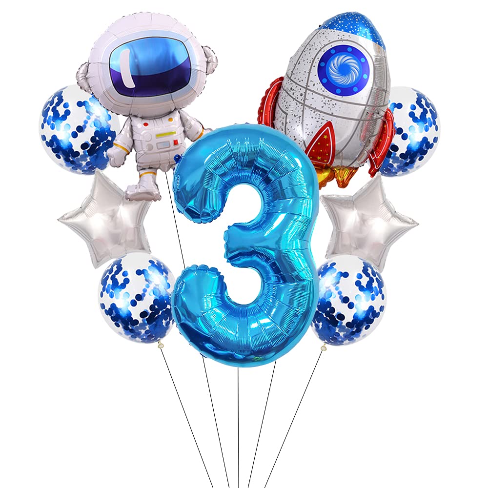 Liitata Outer Space Birthday Party Decorations Spaceman Themed Party Supplies Huge Size Astronaut Rocket Aluminum Balloon 32 Inch Blue Number 3 Foil Balloon for Kids Boy Birthday Party