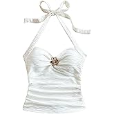 MakeMeChic Women's Summer Floral Halter Top Backless Sleeveless Beach Going Out Crop Tops