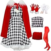 Pigmiss 5PCS Cindy Costume Women Adult Houndstooth Dress with Red Cape Gloves Halloween Christmas Cosplay Accessories