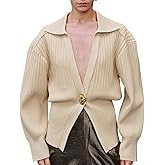 URBAN REVIVO Women's Cardigan V-Neck Lapel Long Sleeve Knitted Cropped Casual Sweater with Metal Button 2025