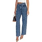cffvdiz Women's Baggy Y2K Pearl Beaded Straight Leg Jeans Cross Waist Raw Edges Vintage Trendy Boyfriend Denim Pants