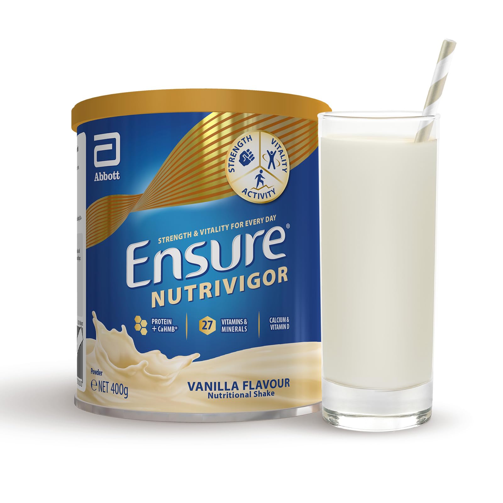 Ensure NutriVigor Nutritional Shake – Vanilla Flavour – 400g – Food Supplement with Protein, HMB & 27 Vitamins & Minerals – Supports Strength, Energy & Immunity – With Vitamin D, C & B