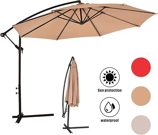 Amazon Com Patio Umbrella Outdoor 10 Hanging Umbrella Cantilever Umbrella Offset Umbrella W Easy Tilt Adjustment Polyester Shade Umbrella With Base For Garden Backyard Poolside Tan Garden Outdoor
