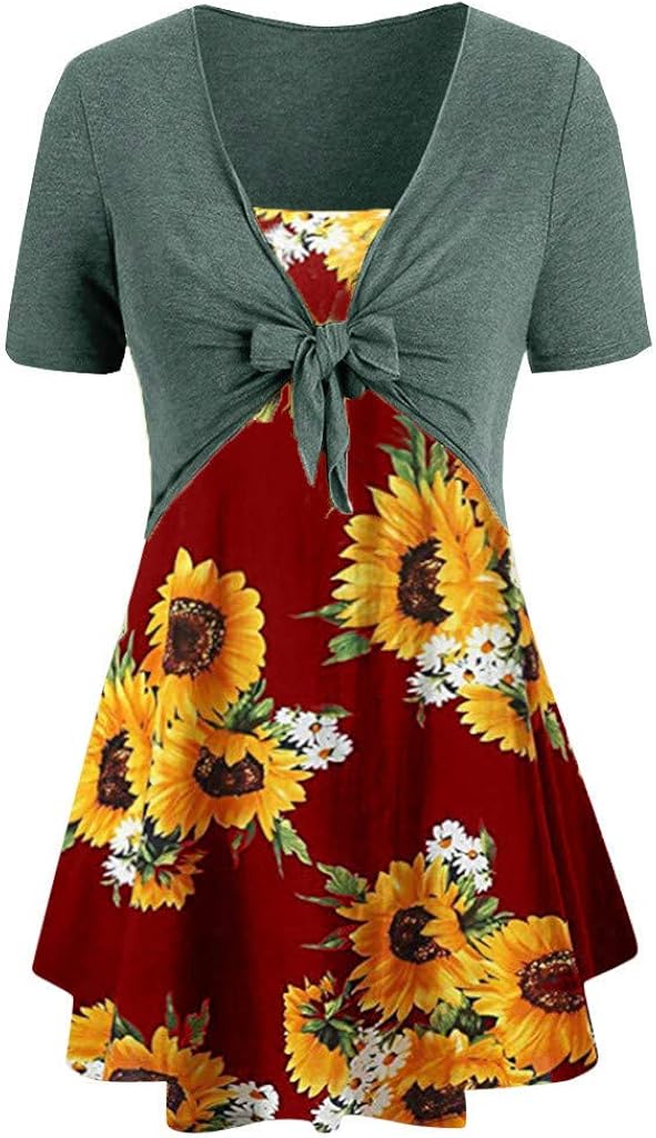 Xinantime Womens Knot Bandage Top Sunflower Print Vest Shirt Tank Blouse Tunic Suit