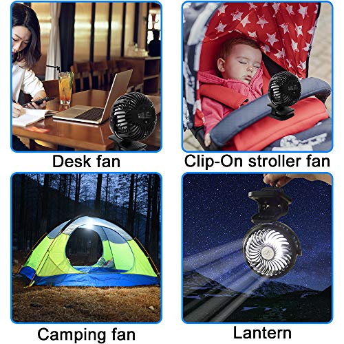 USB Fan, Portable Clip Stroller Fan with Lights, Mini Desk Fan 2200mAh Rechargeable Battery Powered, Cooling Fan with Hanging Hook, 3 Speed 360 Rotation for Baby Pram, Bedside Crib, Office, Camping