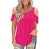 Womens Summer Cold Shoulder Tunic Tops Sexy Casual Short Sleeve Scoop Neck Lace Pleated T Shirts Blouse
