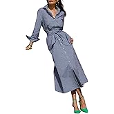 ebossy Women's Cotton Shirt Dress Casual Retro Lapel Long Sleeve Button Down Belted Plaid Maxi Dress with Pockets