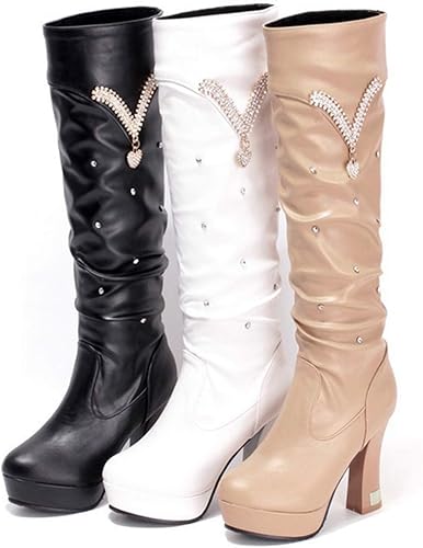 Amazon None Brand ロングブーツ レディース ジョッキーブーツ 秋冬 高筒靴 ハイヒール Vカット クシュクシュ 大人コーデ ストレッチ 防滑 脚長効果 ピンヒール レザー 女性 女の子 低身長 かわいい 大きいサイズ None Brand ブーツ ブーティ