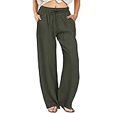 FireSwan Womens Palazzo Pants Casual Drawstring Flowy Pants Wide Leg Summer Beach Linen Trousers with Pockets