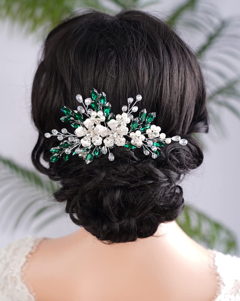 Beryuan Silver Flowers Pearls Crystal Rhinestone Hair Comb - Green Teardrop Crystal Rhinestone Pearls Headband - Silver Wedding Hair Accessory for Women & Girls