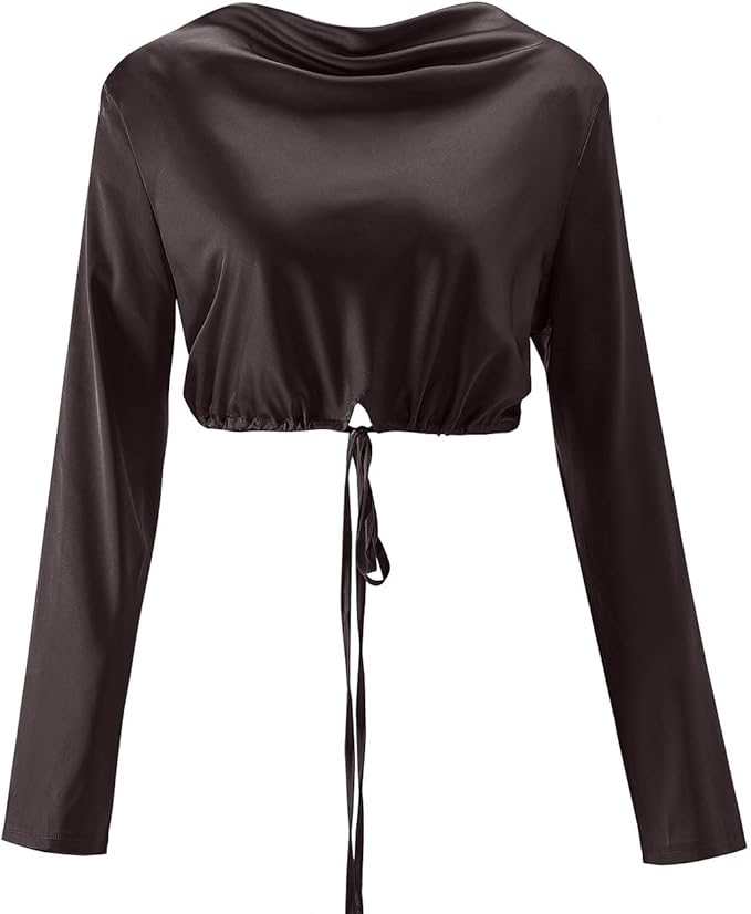 CFashion Women Satin Lace up Back Rib Long Sleeve Blouse at Amazon Womenâs Clothing store