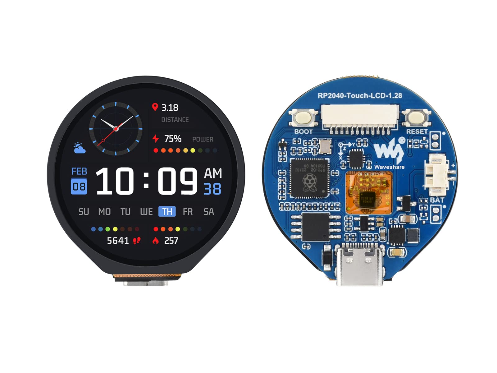 1.28inch Round Touch LCD Based on Raspberry Pi RP2040 Microcontroller Chip, 240x240 Pixels 65K RGB Colors IPS Display onboard Type-C Connector, Accelerometer and Gyroscope Sensor etc.