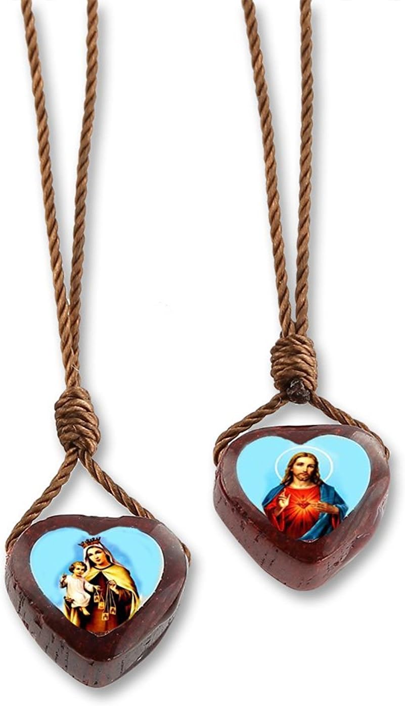 Wood Scapulars with Brown Cord with Sacred Heart of Jesus & Our Lady of Mount Carmel Medals. Escapularios Catolicos. Devotional Religious Necklace - Pack of 6