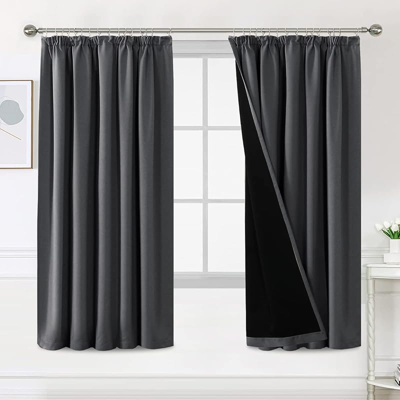 BellaHills 100% Blackout Curtains 2 Panels 66x72 Charcoal Grey Pencil Pleat