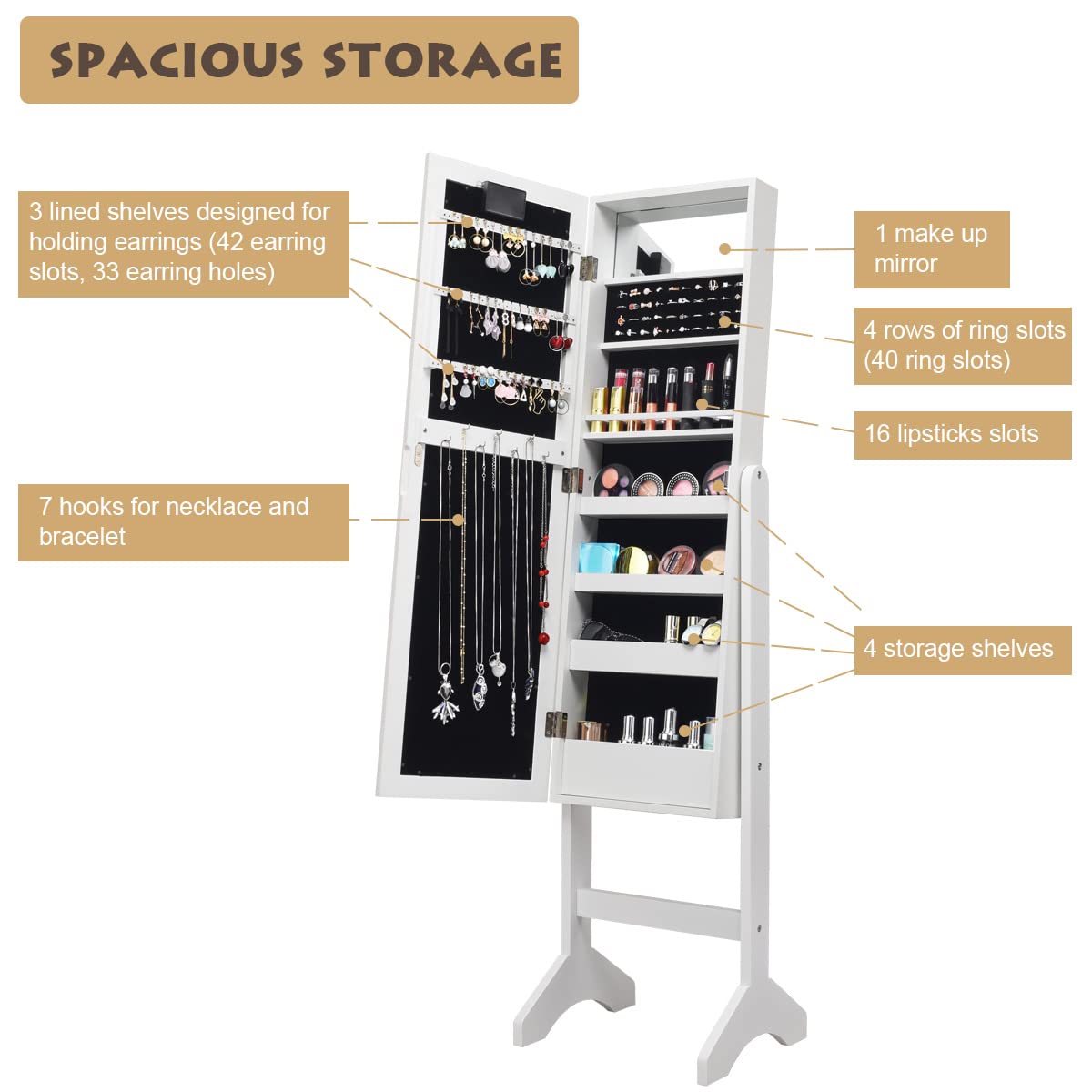Giantex Giantex Standing Jewelry Armoire with 18 LED Lights Around the Door, Large Storage Mirrored Jewelry Cabinet with Full Length Mirror, 16 Lipstick Holders, 1 Inside Makeup Mirror (White)