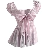 Floerns Women's Bow Puff Sleeve Peplum Blouse Square Neck Aesthetic Tie Front Top
