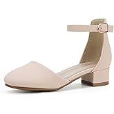 PANDANINJIA Girls Heels Dress Shoes Flower Girl Closed Toe Heels Ankle Strap Wedding Party School Miya Toddler Little Big Kid Pump Shoes