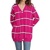 chouyatou Women's Vintage Plaid Button Down Cardigans Color Block V Neck Knit Cardigan Sweater Jacket Coat