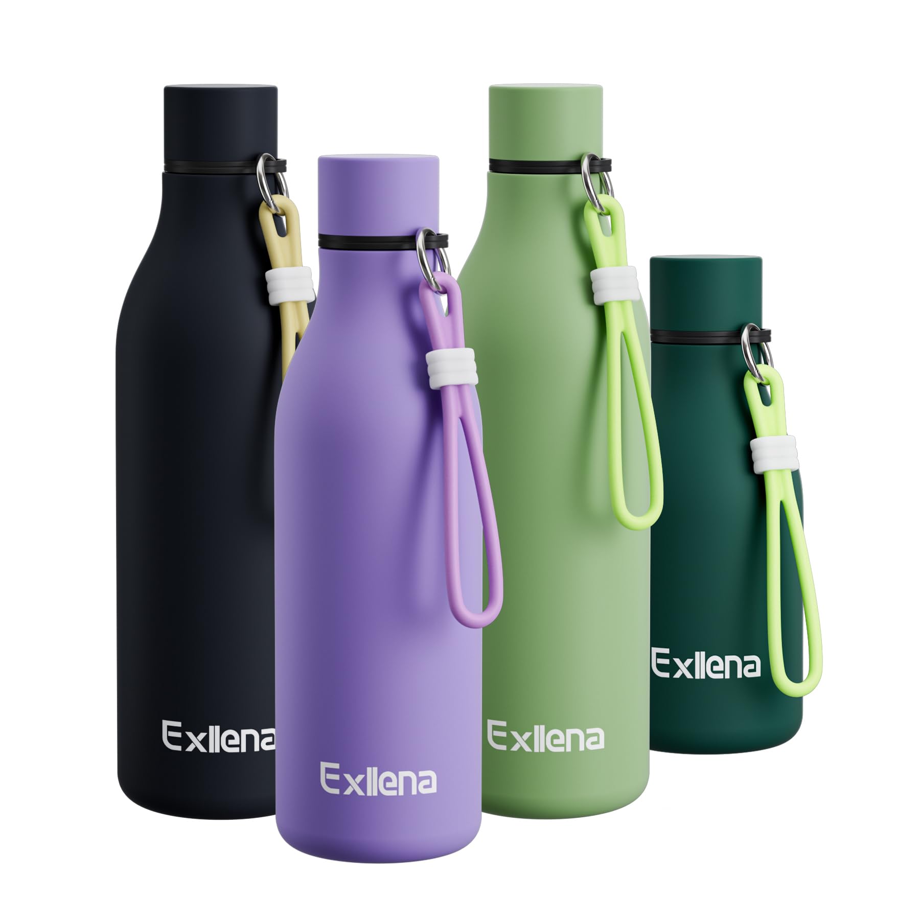 Exllena Metal Water Bottle 500ml with Silicone Strap, Double Wall Vacuum Insulated Water Bottles Keeps Drinks Cold 24 Hrs/Hot 12 Hrs, Stainless Steel Water Bottle BPA Free(Purple)