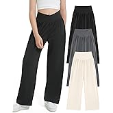 EXARUS 3 Pack Girls Wide Leg Pants Baggy/Tapered Flowy Loose Teens Elastic Waist Yoga Sweatpants Pockets Youth 6-14Y