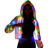 NIWOTA LED Faux Fur Jacket for Women Light up Rave Outfits Glow Costume for Parties