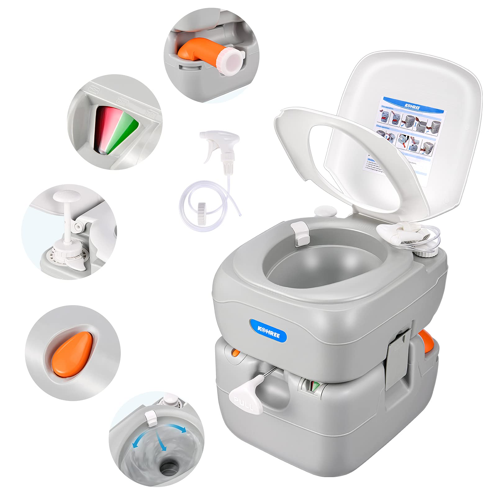 Photo 1 of Kohree 5.8 Gal Portable Toilet for Adults: Large Camping Toilet with Detachable Waste Tank, Leak-Proof Cassette with Level Indicator, Flushable Boat Porta Potty for Home Use, Camper, RV Travel