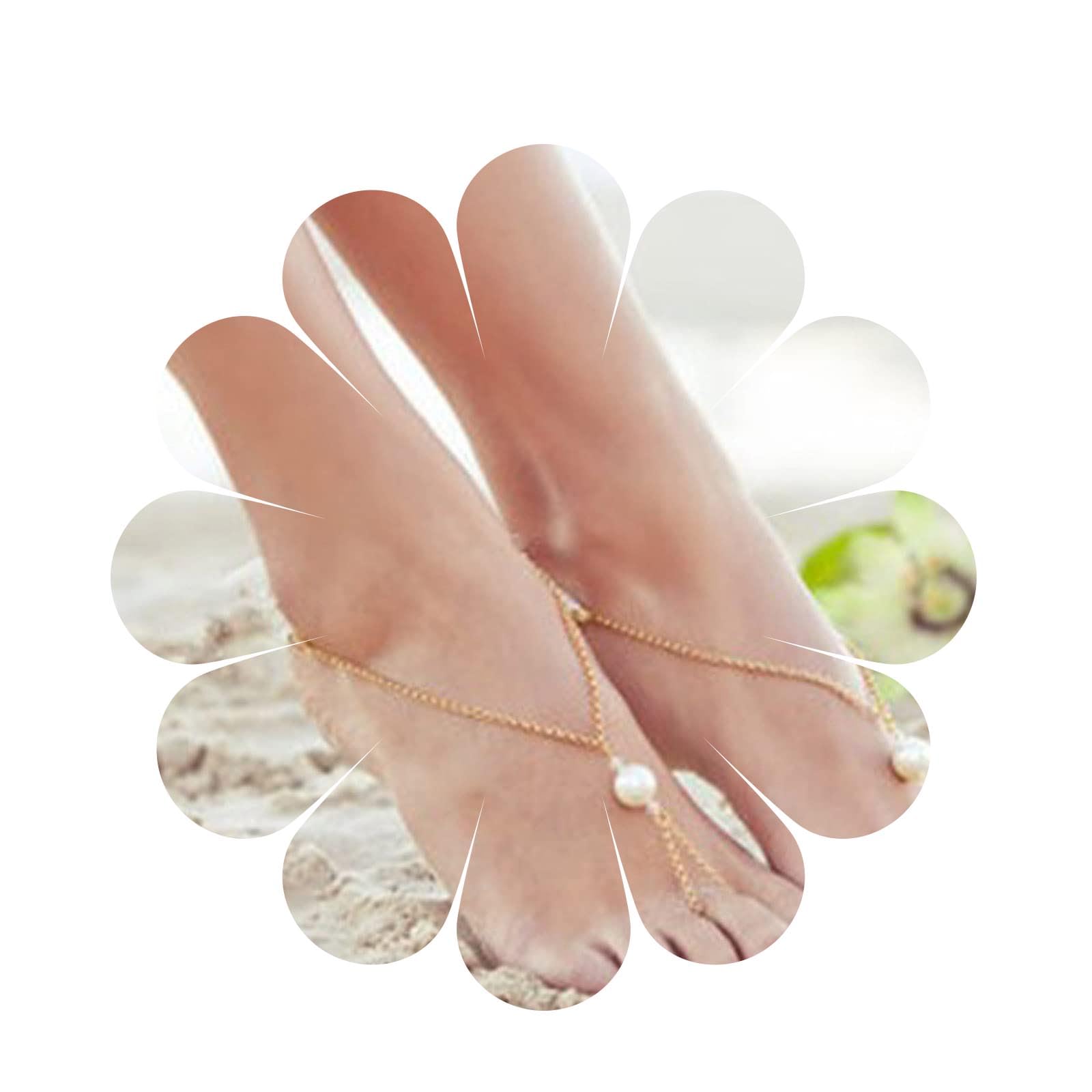Aneneiceera 2 Pcs Bar Ring Pearl Toe Anklet Bracelet Gold Bead Barefoot Sandals Simple Ankle Pearl Bracelet Toe Chain Wedding Layered Foot Chain Jewelry for Women and Girls