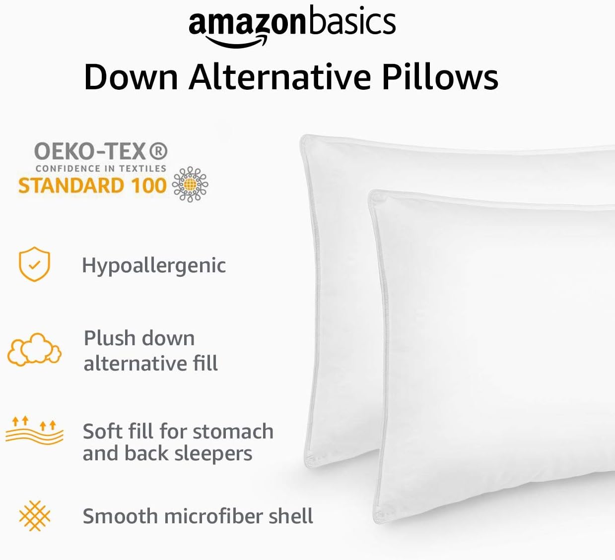 Basics Down Alternative Bed Pillows for Stomach and Back Sleepers - 2-Pack, Soft Density, Standard: Home & Kitchen
