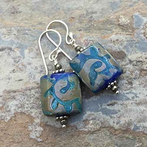 Blue Bohemian Glass Earrings with Sterling Silver and Pyrite, 1.5 inches long.