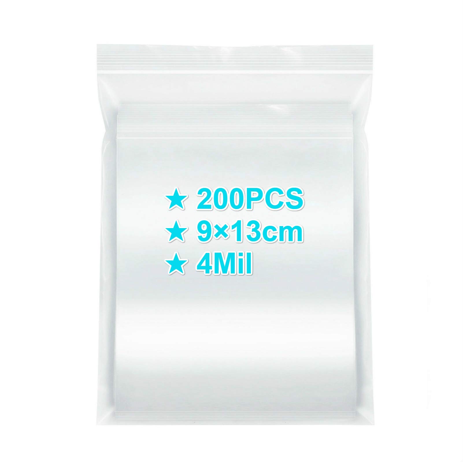 Ziplock Bags 9×13cm, 200PCS, 4 Mil Extra Thick Medium Size Clear Plastic Resealable Bags with Lock Seal Zipper, Storage Pouches Grip Seal Bags for Jewelry Mask Incense Packaging