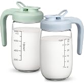 2 Pack Breast Milk Pitcher 32 OZ, Heat &amp; Cold Resistant, Sudden Temperature Safe, Fast Baby Formula Maker with Wide Mouth, No Leak Glass Fridge Storage Container for Juice, Cold Brew-Blue, Green