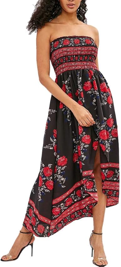 Flowers Printed Off Shoulder Dress,PAOLIAN Women Strapless Irregular