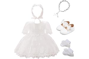TJCONETJC Baby Girl Baptism Outfit Lace Christening Dresses Bowknot Headwear Socks Shoes Cross Charm Bracelet 5Pcs