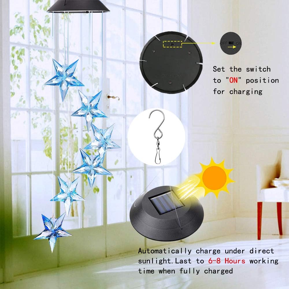 Vinkki Wind Chime Solar Light Color Changing LED Solar Mobile Blue Star Wind Chime Solar Light Wind Mobile Portable Waterproof Outdoor Decorative Romantic Wind Bell Light for Patio Garden Home Party : Garden & Outdoor