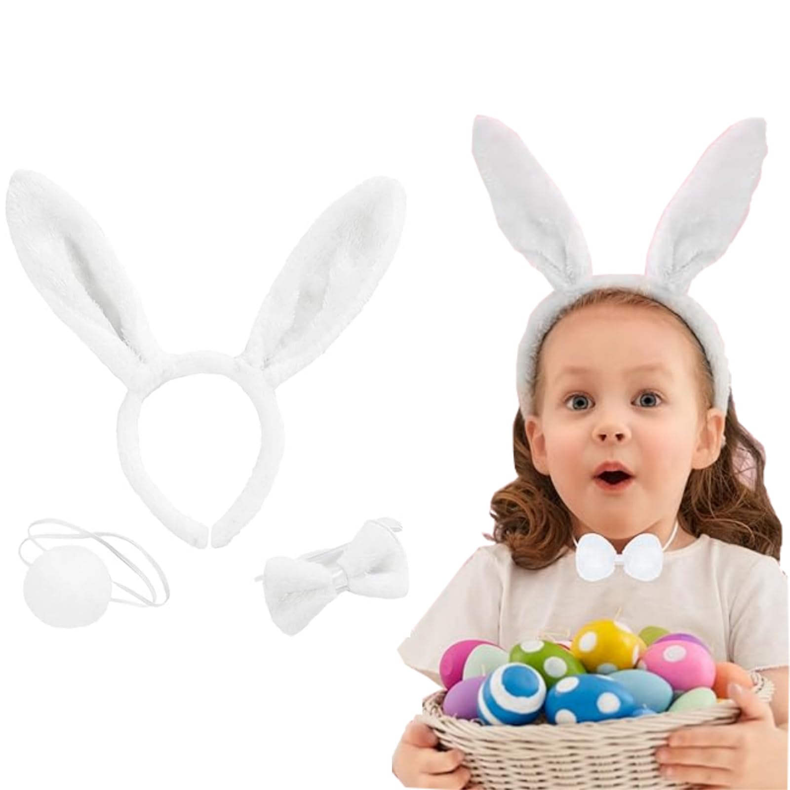 LHKJ 3Pcs Kids Adult Costume Set White Rabbit Bunny Ears Headband Bow Ties Tail Set Christmas Party Cosplay