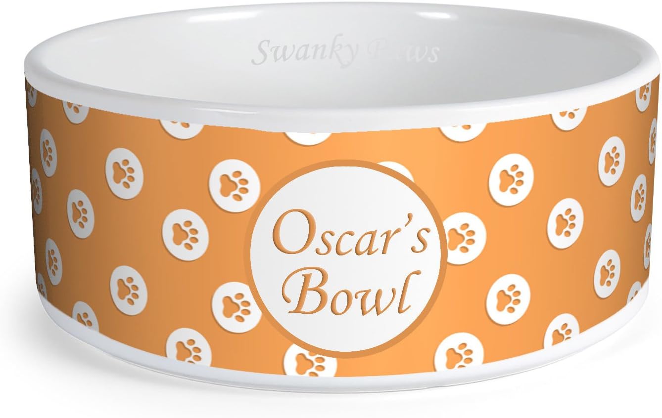 Swanky Paws Personalised Paw Pattern Custom Design Dog Bowl Cat Pet Food Dinner Dish (Large, Orange)
