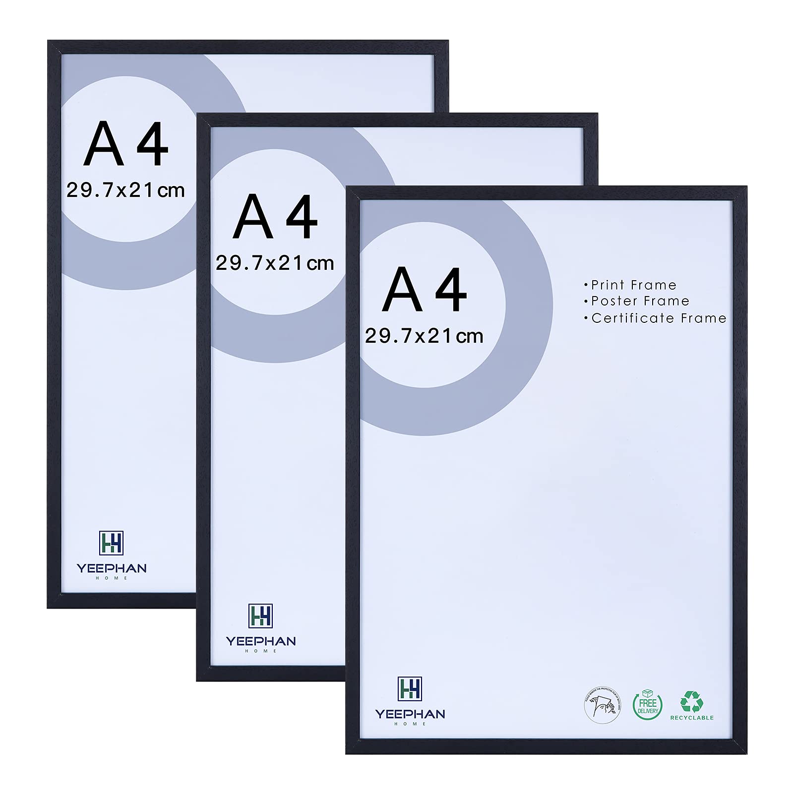 A4 Black Photo Frame 21 x 30cm Certificate Frame with plexi-glass front Wooden Picture Frame for A4 Print,Poster,Painting,Freestanding and Wall Mountable,Set of 3