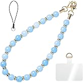 Healing Stone Phone Charm for Women, Beaded Phone Camera Wrist Strap, Handmade Cell phone Chain Lanyard with Tether Tab Keychain Decor for Wallet (Ocean Blue Jade)