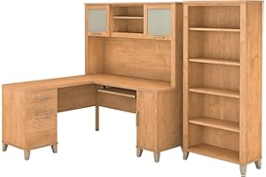 BUSH HOME Bush Furniture Somerset 60W L Shaped Desk with Hutch and 5 Shelf Bookcase in Maple Cross