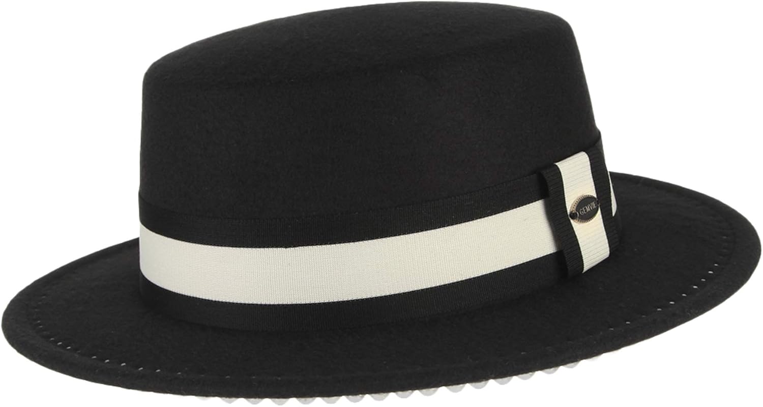 Jelord Women Wool Felt Boater Hat Vintage Pearl Wide Brim Church Derby