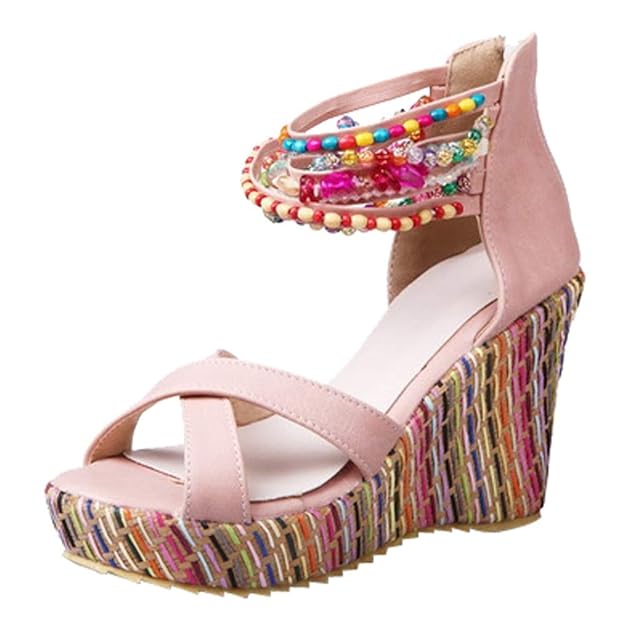 Damen Sommer Sandalen Mit Absatz Elegant Keilabsatz Retro Boho Süße Perlen Sandalen Clip Toe Sandalen Strandschuhe Fisch Mund