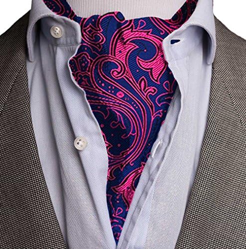 Kebs Mens Paisley Jacquard Woven Ascot Cravat Tie &amp; Pocket Square Set Fuscia &amp; Navy Blue