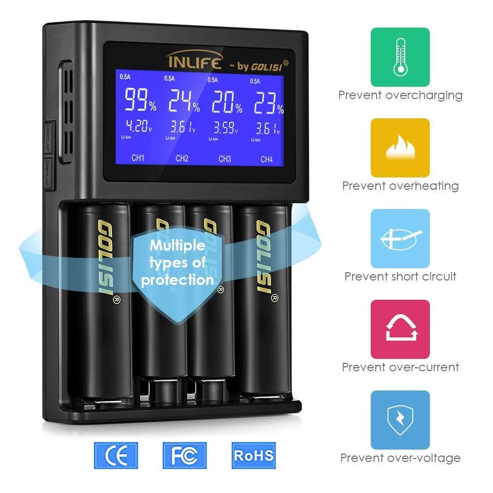 Battery Charger, INLIFE Speedy Smart Recharger with LCD Display Universal for Rechargeable Batteries Ni-MH Ni-Cd A AA AAA AAAA C SC, Li-ion 18650 26650 26500 20700 22650 18490 17670 (4-Bay)