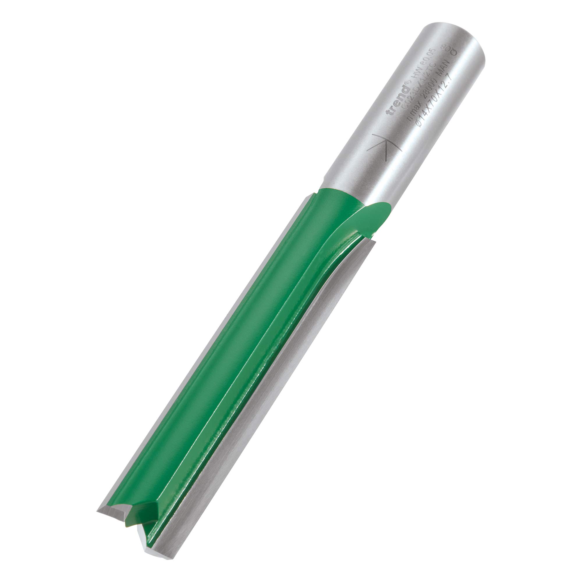 Trend CraftPro Straight Two Flute Router Cutter, 1/2 Inch Shank, 14mm Cut Diameter & 70mm Cut Length, Tungsten Carbide Tipped, C023DX1/2TC