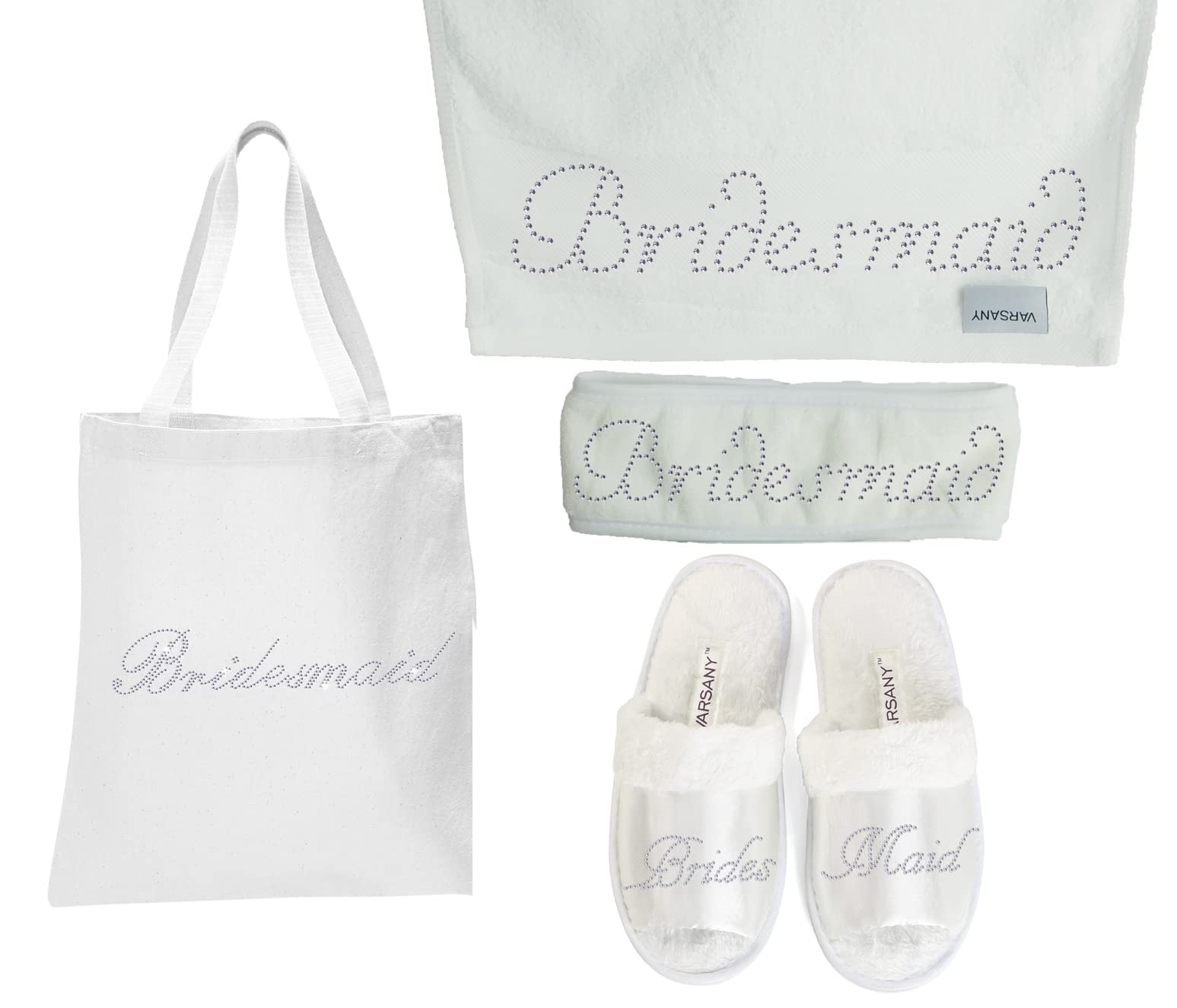 Varsany Luxury Spa Gift Set for Women - Rhinestone Tote Bag, Slippers, Hand Towel, Headband - Honeymoon, Hen Party, Bath Gift Set - 4 Pack