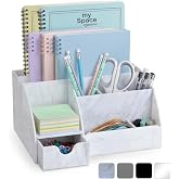 My Space Organizers Marble Desk Organizer For Office Supplies And Accessories - 9 Sections - Pencil Pen Holder Storage - Desktop Organization Decor Essentials (White Grey Marble)