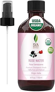USDA Certified Organic Rose Water Facial Toner (118 ml) 4 Oz - 100% Pure Natural, Unrefined by SVA Organics | Aromatherapy Reduce Dark Circles, Pores, Wrinkle, Moisturizer, Skin Care