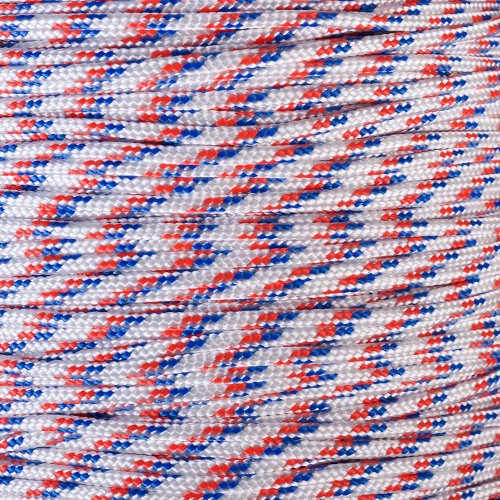 PARACORD PLANET 10, 25, 50, and 100 Foot Hanks of 425 Paracord (3mm) - Made of 100% Nylon for Tactical, Crafting, Survival, General Use, and Much More (Red White and Blue, 100 Feet)