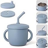 Bakpoco 4-in-1 Stainless Steel Silicone Sippy Cup, 8.5oz Toddler Open Cup with Straw, Sippy & Snack Lids, For Baby Led Weaning, Toddlers 1-3 Years Trainning Kids Drinking, Dishwasher Safe,Cloudy Blue